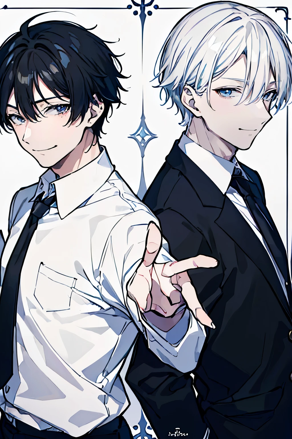 (Mastepiece), (Best Quality), Very detailed, ((Two friendly men)), Perfect Face, Beautiful Face, Very detailed顔,(One black-haired man:1.3),(One white-haired man:1.3),shirt、smile
