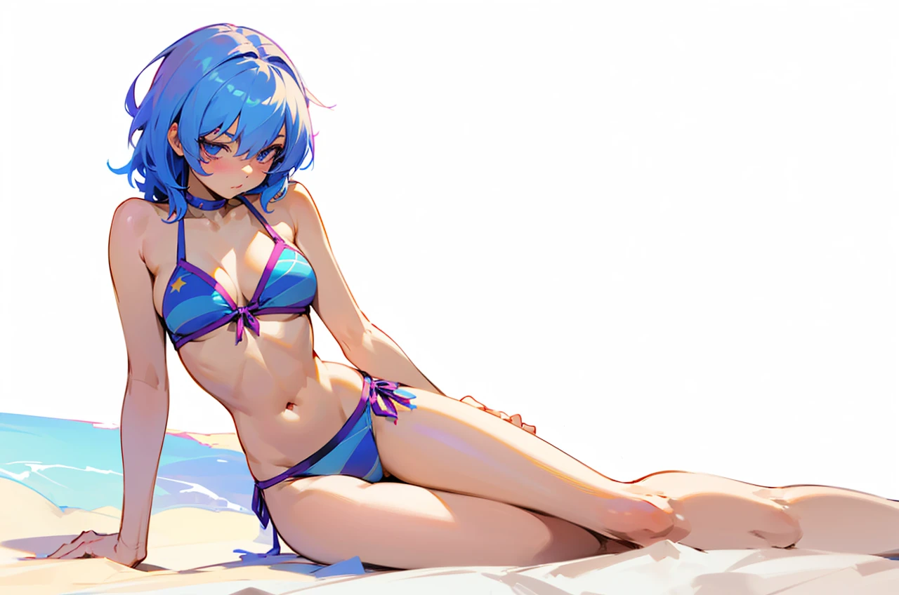Earth chan in a bikini laying down on her side poseing with her arm for support