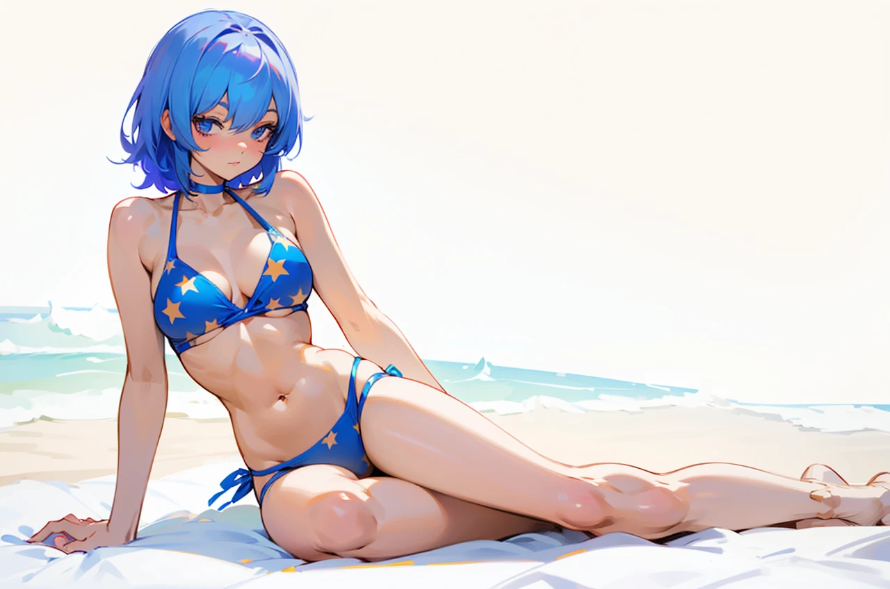 Earth chan in a bikini laying down on her side poseing with her arm for support