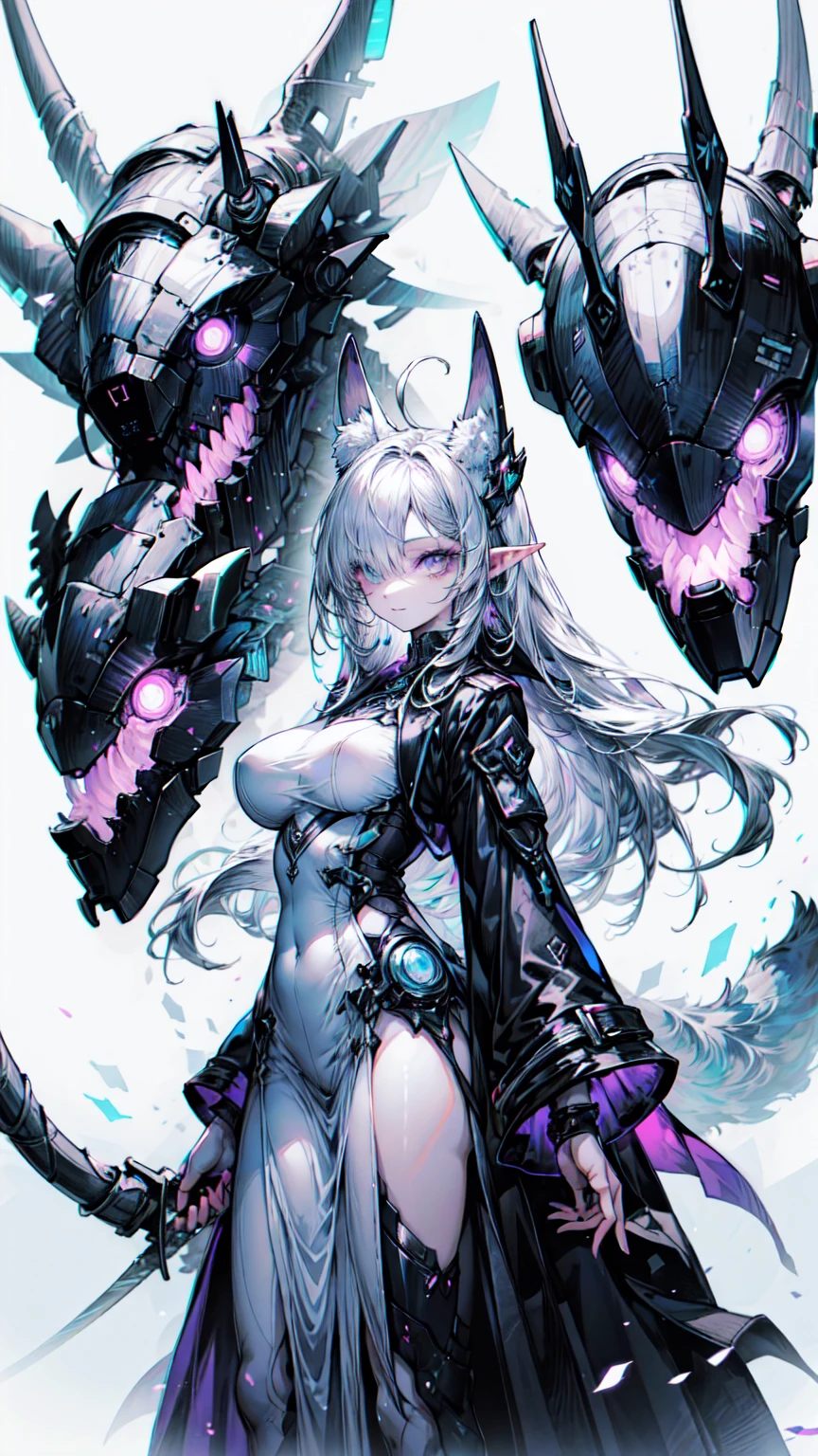 dark, Futuristic, 猫耳とLong Hairを持つ少女のシルエット, Flowing coat, A mechanical cat carrying a giant scythe with a built-in blade, Standing on a minimalist reflective surface, Light Gray Background. Blake、非常にdetailed (Dark Elf), (1 Girl), alone, Perfect Face, detailed, Ahoge, ((Long Hair:1.2)), (Hair above one eye:1.3), [[Messy Hair]], Shiny blonde white hair, Purple eyes, Variegated eyes, Colorful Hair, Shining Eyes, Bright Eyes, Face imprint, (eyelash, eye shadow, pink eye shadow), smile, Design Art：Haruhiko Mikimoto, by Kawashi, By Yoshitaka Amano,break、 ((Perfect Anatomy)), Nice body, Big Breasts、(非常にdetailed指), Best Hand, Perfect Face,(Perfect Fingers), Correct Anatomy,