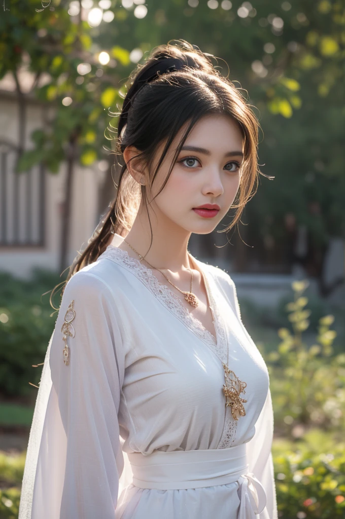 1 beautiful girl in Hanfu costume, ((white thin purple silk shirt with a lot of texture)), white lace top, long purple platinum ponytail Hair, Jewelry, ear jewelry, necklaces and necklaces, carefully drawn big purple eyes, makeup careful, thin eyebrows, high nose, beautiful red lips, no smile, pursed lips, rosy cheeks, wide breasts, big breasts, proportional breasts, slim waist, purple fishnet socks, chinese hanfu style, fictional art texture, colorful bright and realistic, RAW Photo, Realistic Photo, ultra high quality 8k surreal photo, (effective fantasy light effect: 1.8), 10x pixels, magical effect (Background): 1.8), ultradetailed eyes, full body portrait of girl , Chinese royal garden background, dynamic pose