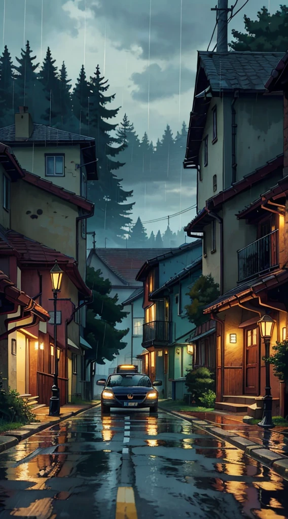 A car traveling on a deserted road with no houses or buildings, just a few trees and lampposts and raining 