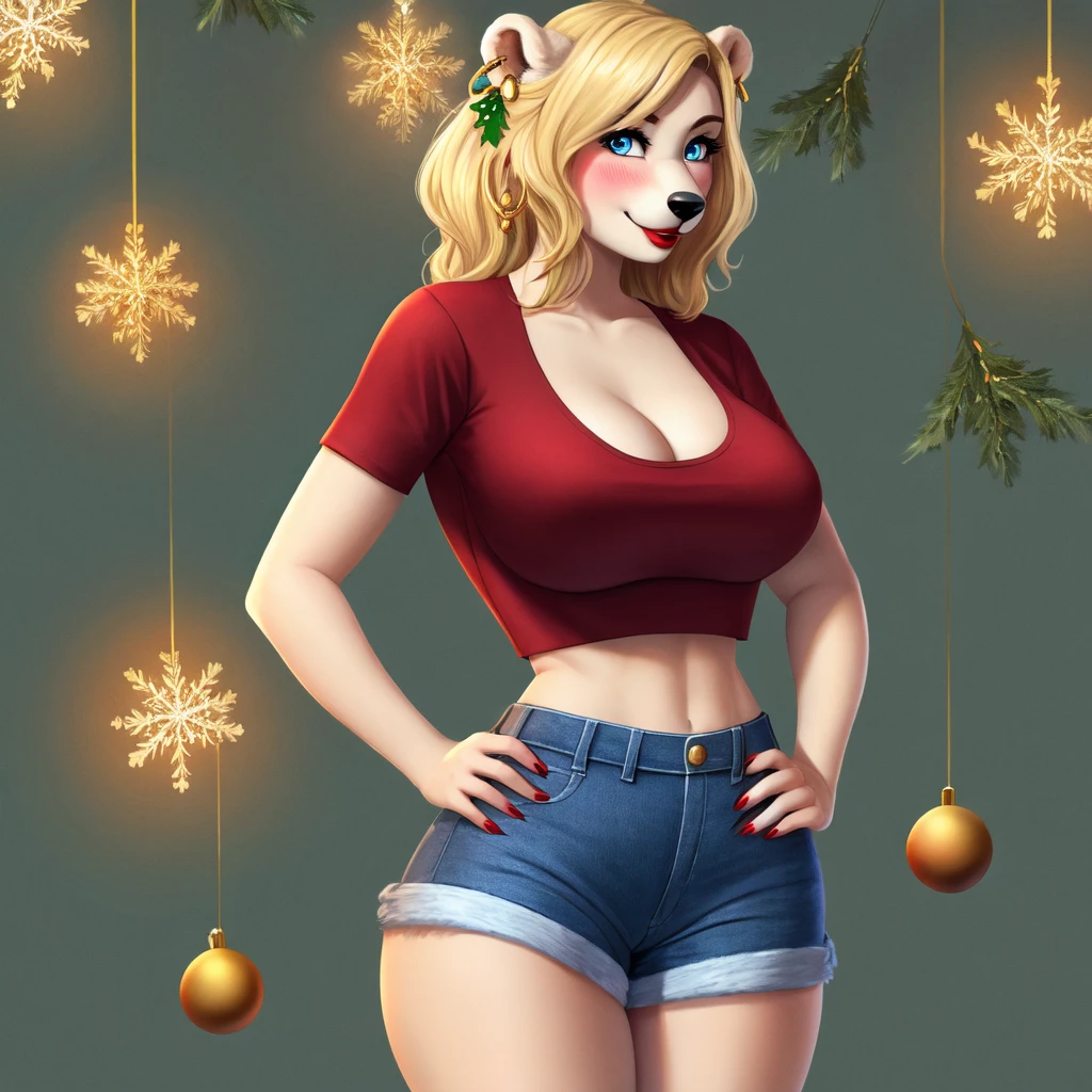 Blonde polar bear woman, wearing a Christmas crop top and jean shorts, perfect face, blue eyes, medium round breasts, wide hips, slim waist, cleavage, three-quarter view, solo, smile, perfect detailed body, red lipstick, gold earring, hand on hips, blushing