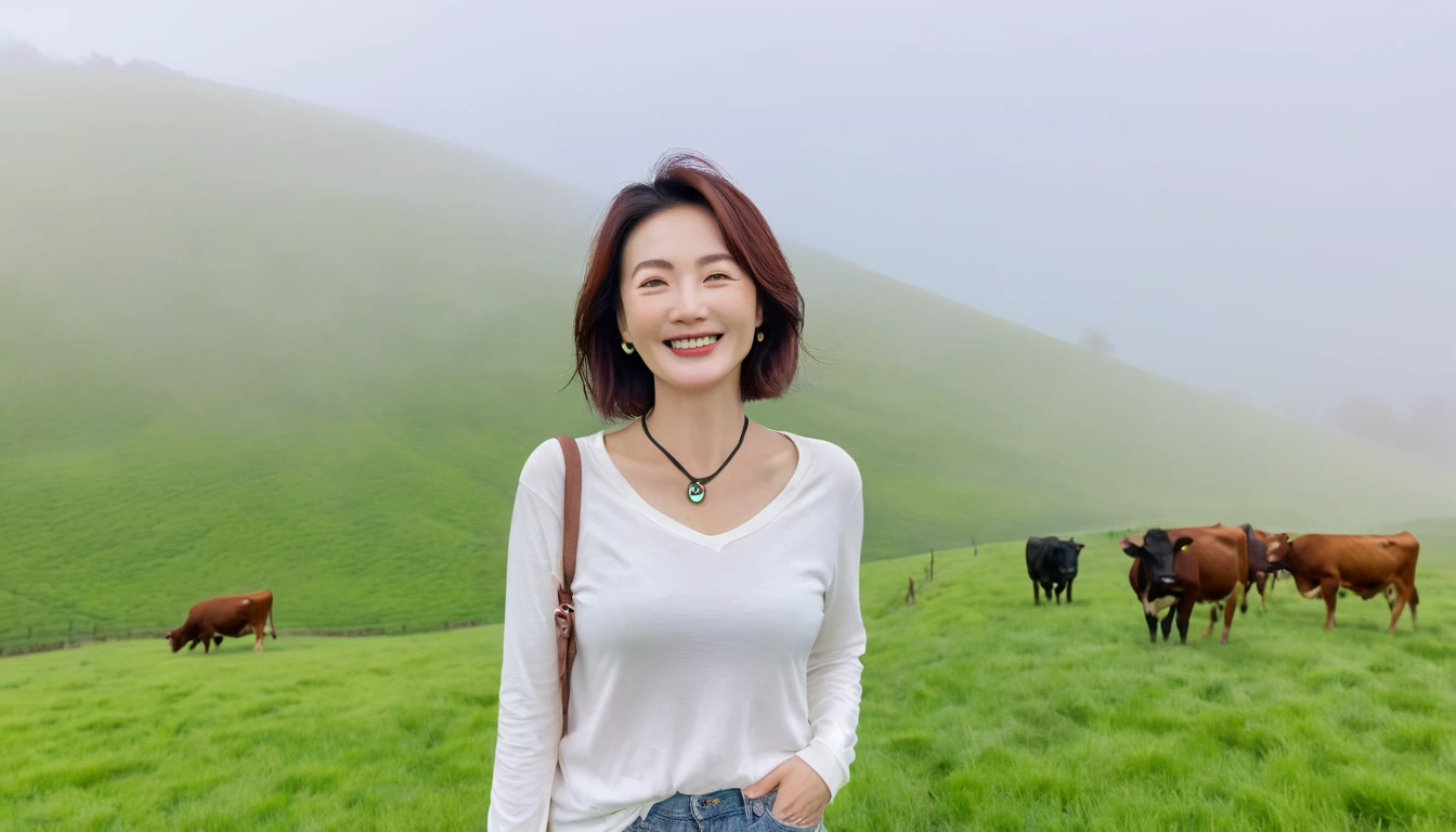 beautiful scenery, 8K Top Quality, Vivid picture quality, 1 woman, Beautiful 46-year-old Korean woman, Chest size 34 inches, Model-level beautiful woman, Smile. Napa Valley, California, USA, dawn, green meadow in the fog far away, Cows graze on a pasture in thick fog. The background is realistic and vivid quality.., short medium bob hair, White t-shirt that goes up to the neck , light coat, casual pants, Perfect and realistic photos, The background is realistic.. Full body shot with Canon camera 16-35 wide angle lens