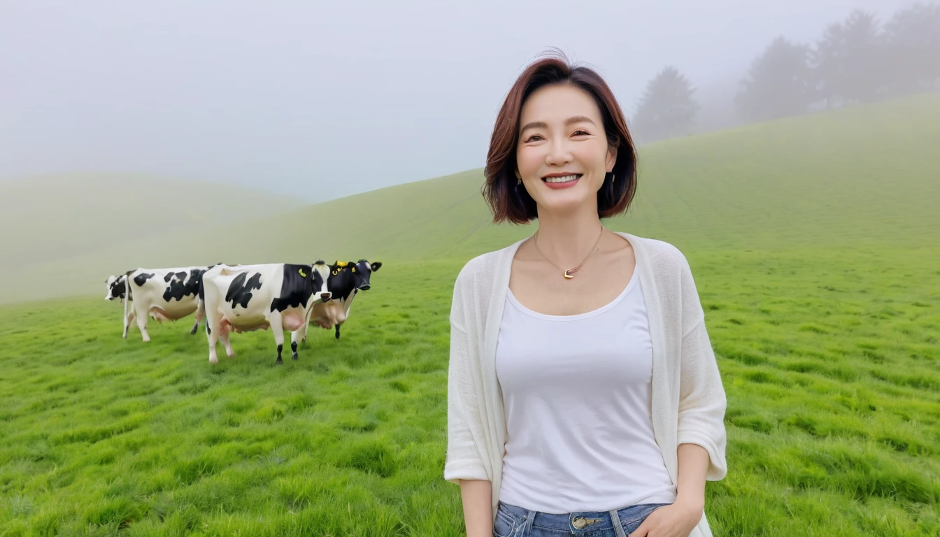 beautiful scenery, 8K Top Quality, Vivid picture quality, 1 woman, Beautiful 46-year-old Korean woman, Chest size 34 inches, Model-level beautiful woman, Smile. Napa Valley, California, USA, dawn, green meadow in the fog far away, Cows graze on a pasture in thick fog. The background is realistic and vivid quality.., short medium bob hair, White t-shirt that goes up to the neck , light coat, casual pants, Perfect and realistic photos, The background is realistic.. Full body shot with Canon camera 16-35 wide angle lens