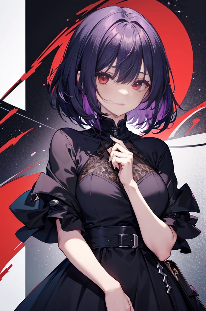 a beautiful girl with violet hair wearing a black dress, extremely detailed facial features, bob haircut, woman wearing a long black and red coat, solo character, white background, anime style, very detailed, best quality, masterpiece, red eyes, short hair