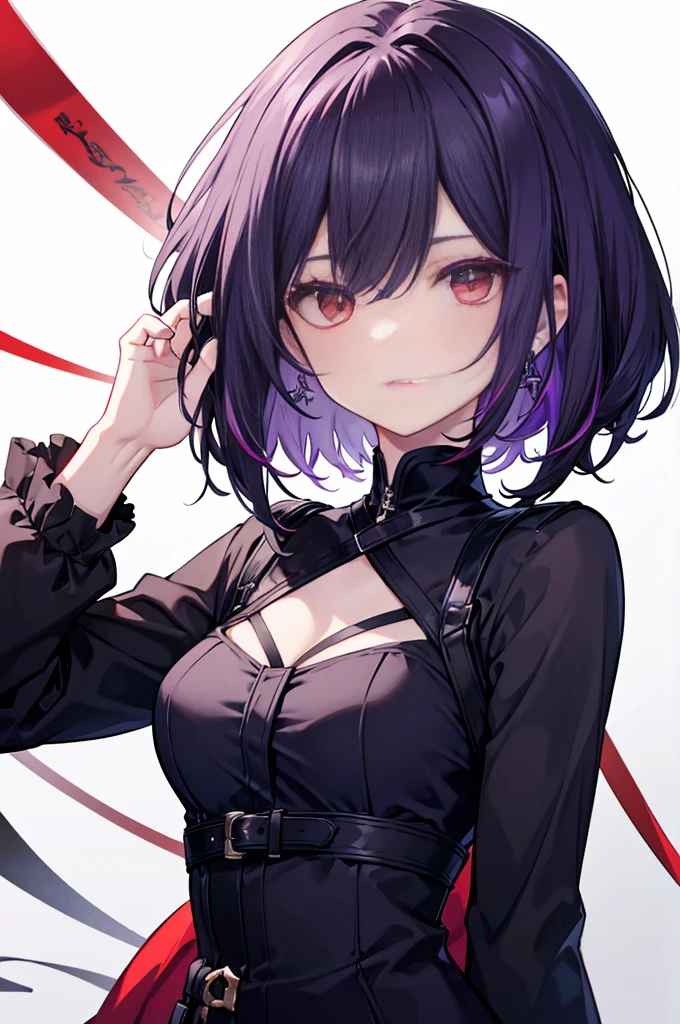 a beautiful girl with violet hair wearing a black dress, extremely detailed facial features, bob haircut, woman wearing a long black and red coat, solo character, white background, anime style, very detailed, best quality, masterpiece, red eyes, short hair