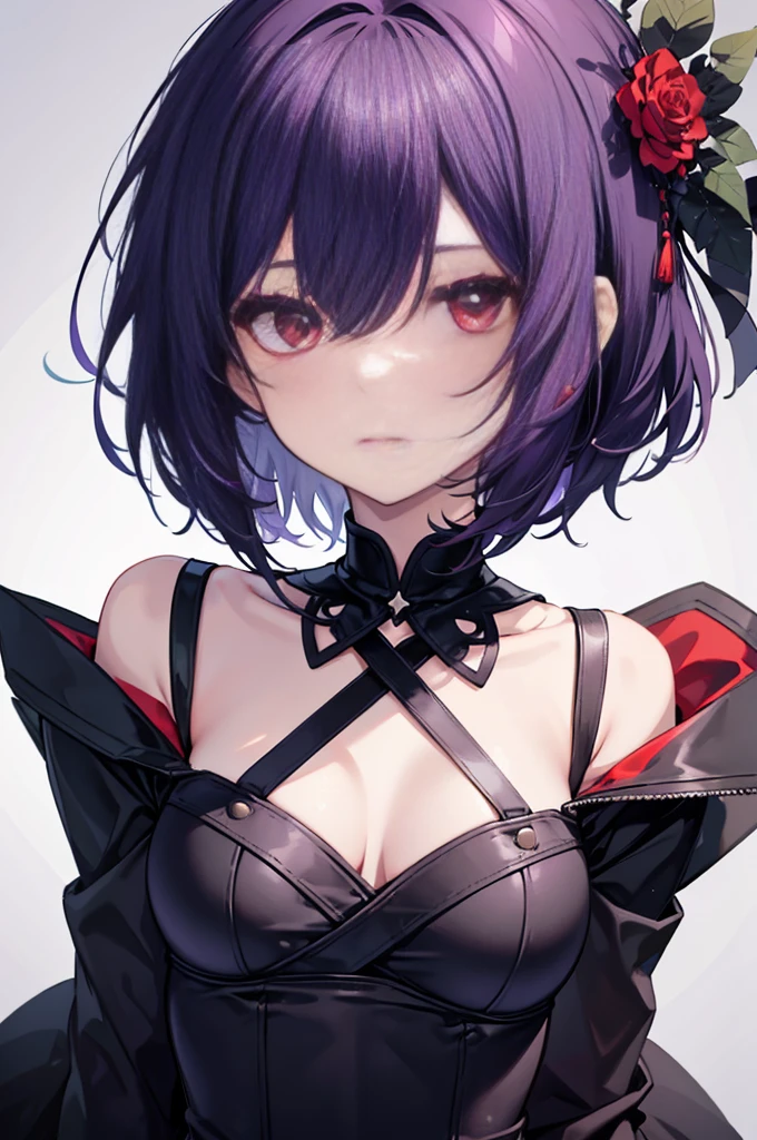 a beautiful girl with violet hair wearing a black dress, extremely detailed facial features, bob haircut, woman wearing a long black and red coat, solo character, white background, anime style, very detailed, best quality, masterpiece, red eyes, short hair