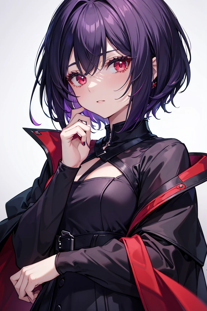 a beautiful girl with violet hair wearing a black dress, extremely detailed facial features, bob haircut, woman wearing a long black and red coat, solo character, white background, anime style, very detailed, best quality, masterpiece, red eyes, short hair