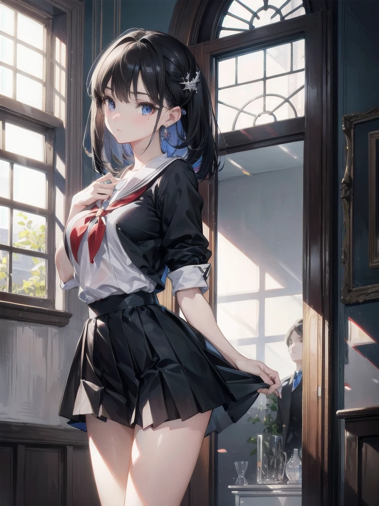 Anime Waifu beautiful detailed eyes, beautiful detailed lips, extremely detailed eyes and face, longeyelashes, 1girl, sensual, young woman, medium breasts, beautiful feminine face, nice thighs, slim, sexy, erotic, beautiful clothes, perfect body, cinematic lighting and framing, (best quality,4k,8k,highres,masterpiece:1.2),ultra-detailed,digital painting,portrait,glamorous,highly detailed,soft lighting,warm color tones (((Upper Body、Shooting from below))、(((Accentuate your breasts、Shiny underwear、、Uniform Sailor Suit、mini skirt)))、Highest quality, 8k, masterpiece :1.3)), whole body, Sharp focus :One Girl,Glowing Skin,SSexy pose,Highest quality,Tabletop,shape,Very delicate and beautiful,Hmph,8k wallpaper,wonderful,In detail,Official Art,Very detailedなティッカーUnity 8k wallpaper,Incredibly ridiculous,Large file size,Very detailedな,High resolution,Very detailed,Beautiful detailed girl,Realistic,X-ray,The queue is full,(((Uniform Sailor Suit、mini skirt)))、(((Big Breasts、Black Hair、Uniform Sailor Suit、chool、classroom)))、Stand upright、Cleavage , ((Long black hair、))、Uniform Sailor Suit、exy pose、Hairstyle: Ponytail、both hands