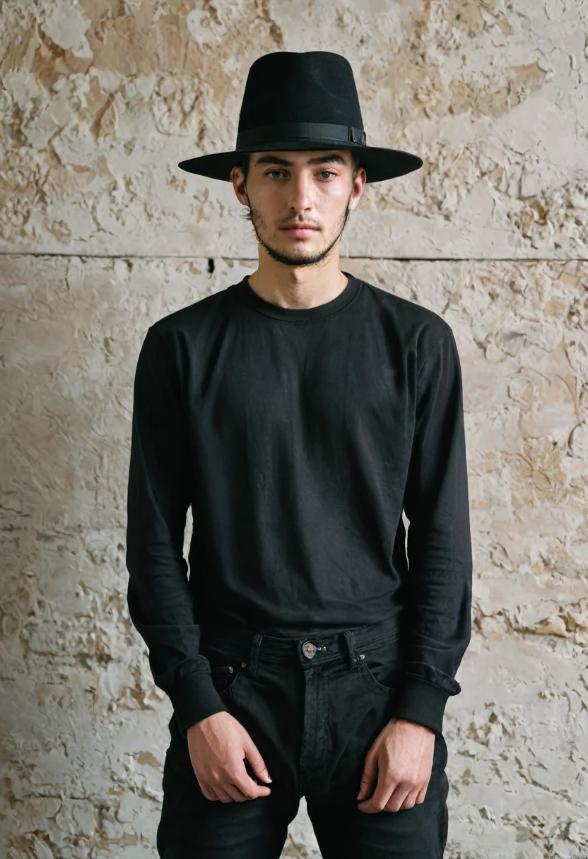 give me a portrait of a person standing next to the wall, wearing black clothes with a cocked hat