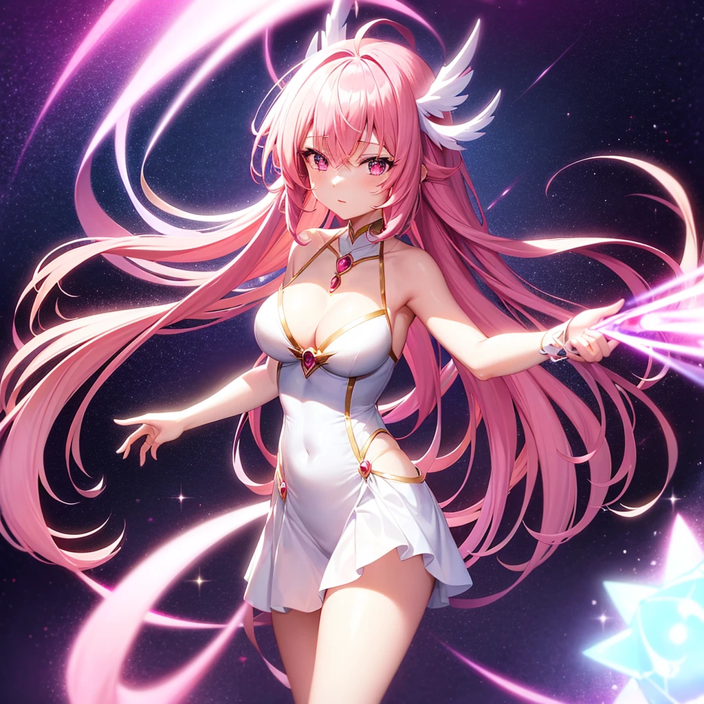 Magical Girl Transformation: An anime girl with long, flowing pink hair and sparkling eyes, surrounded by a swirl of magical light as she transforms into a powerful magical girl with a wand and a dazzling outfit.