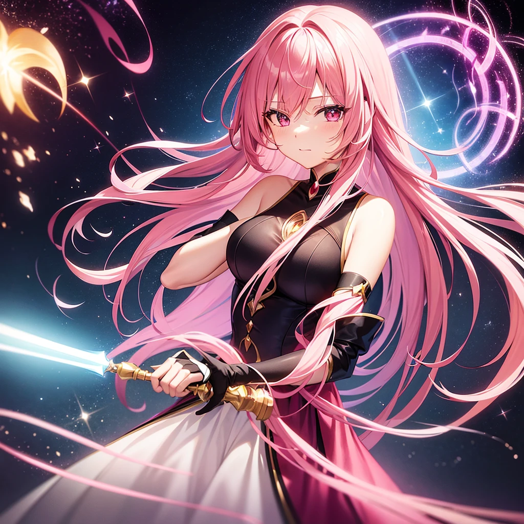 Magical Girl Transformation: An anime girl with long, flowing pink hair and sparkling eyes, surrounded by a swirl of magical light as she transforms into a powerful magical girl with a wand and a dazzling outfit.