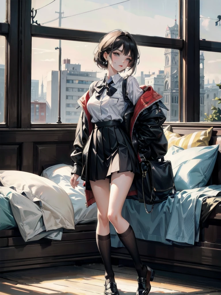 (Best quality, 8k, 32k, Masterpiece, UHD,:1.2),RAW, human, 1girl,ultra cute , ultra cute, natural lighting, transparent shining eyes, 20yo, medium breast ,femur, fair complexion , flushed face, ((Long sleeve black cardigan, white collared shirt, black pleated mini skirt), dark red bow tie), (beautiful scenery), shiny, sitting on chair