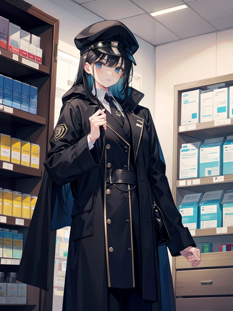 A pharmacist wearing a black coat