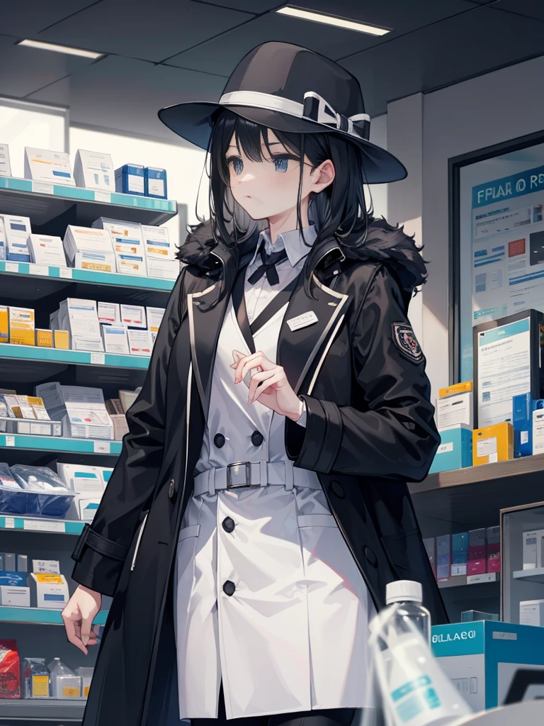 A pharmacist wearing a black coat