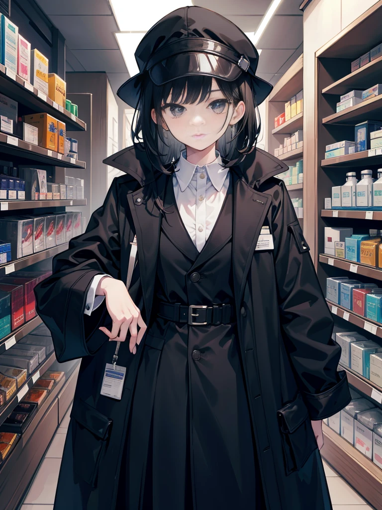 A pharmacist wearing a black coat