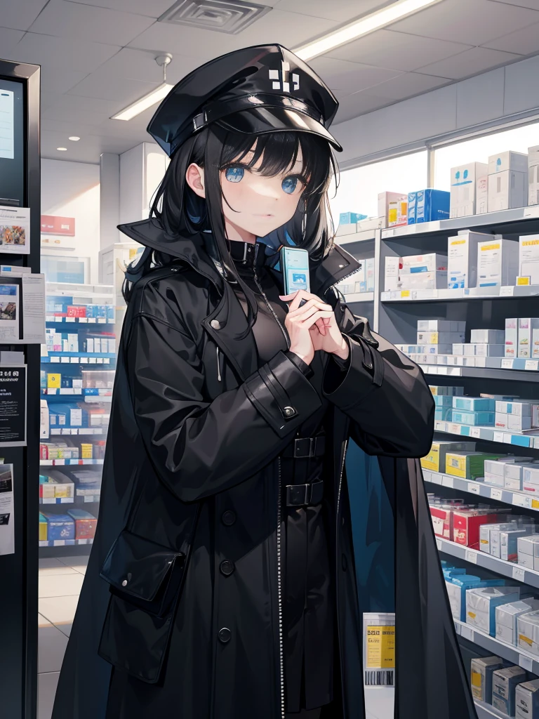 A pharmacist wearing a black coat