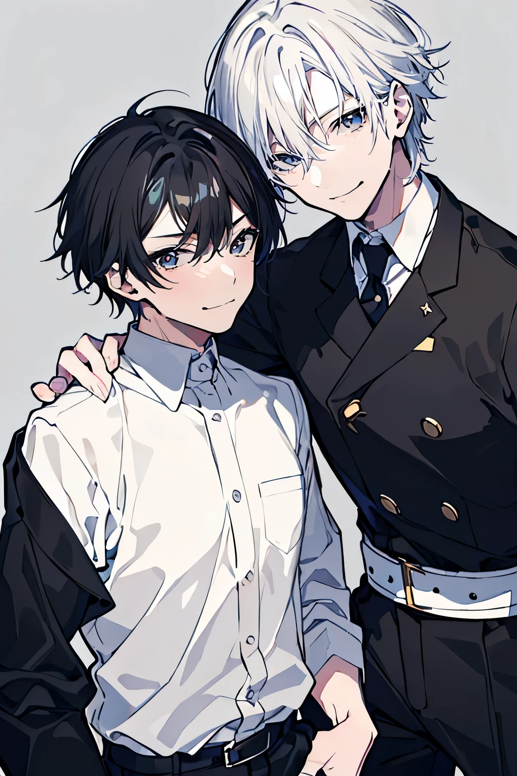 (Mastepiece), (Best Quality), Very detailed, ((Two friendly men)), Perfect Face, Beautiful Face, Very detailed顔,(One black-haired man:1.3),(One white-haired man:1.3),shirt、smile