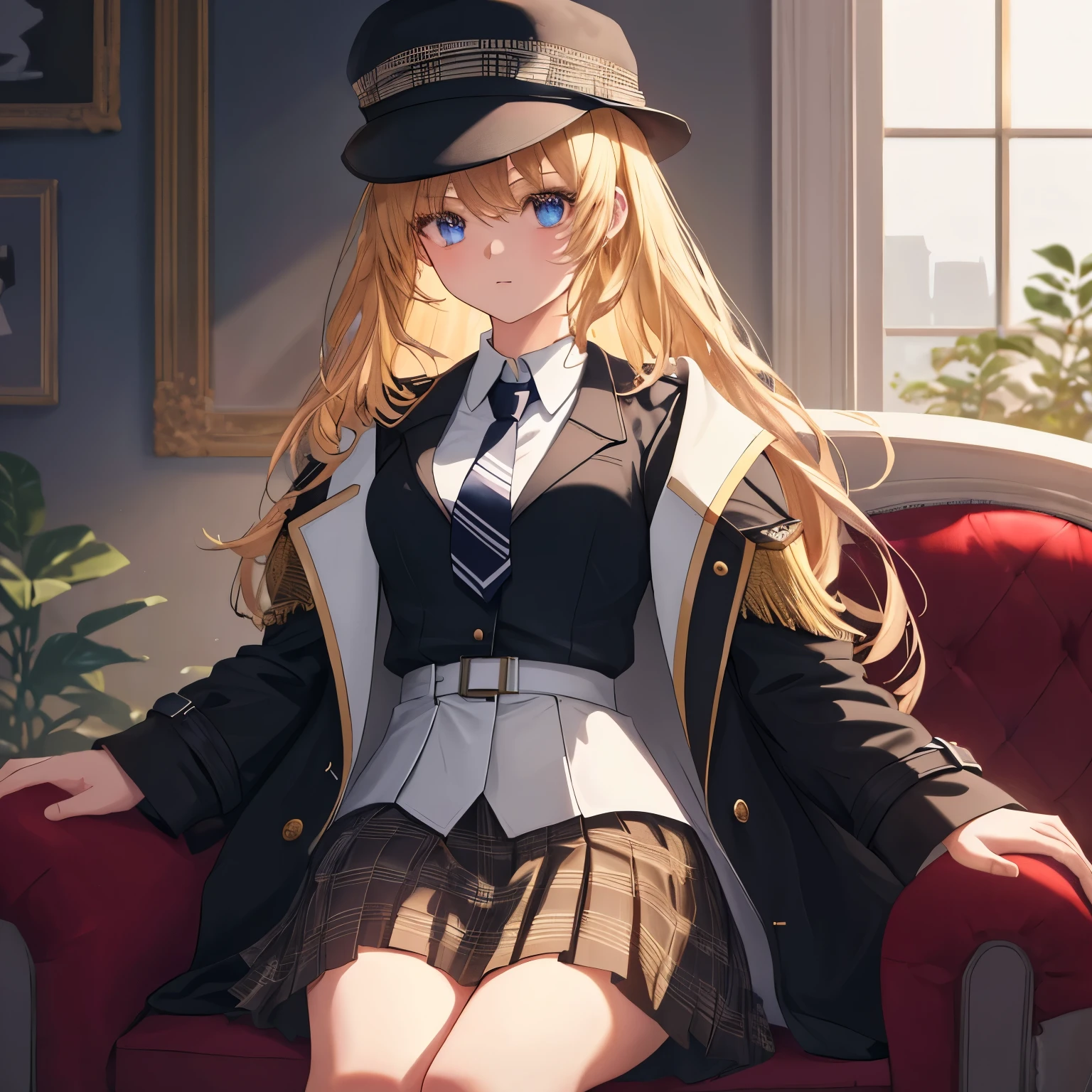 8k, highres, 1girl, 18 years old, beautiful skin texture, ultra detailed face, ultra detailed eyes,( immersive ambience, chiarosscuro, bright light, glowi lighting), delicate facial features, black trench coat, white suit, checked skirt, necktie, brown deerstalker hat, sitting on sofa, crossedleg, indoors, High-quality animation style presentation, Beautiful and extremely fine texture, high contrast