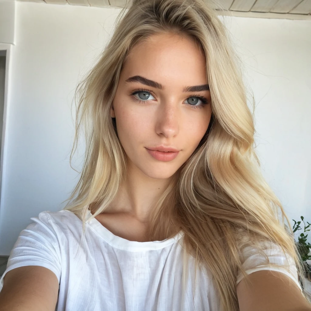 Je vois une magnifique jeune femme de 20 ans, elle vient de Grèce, Elle a de longs cheveux blonds, son teint est parfait, elle porte un haut blanc et un jean, photo brute photoréaliste de qualité iphone, photo faite maison, une belle femme, photo réaliste, fermer, Détails, heure du matin, selfie de qualité iphone à Santorin Grèce, taille