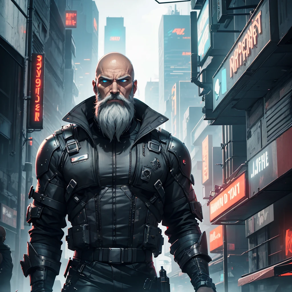 a long-bearded, bald man, around 50 years old with grey beard, muscular, in a futuristic setting, detailed face, hyperrealistic, cinematic lighting, dramatic atmosphere, advanced technology, metallic, neon, cyberpunk style, moody color tones