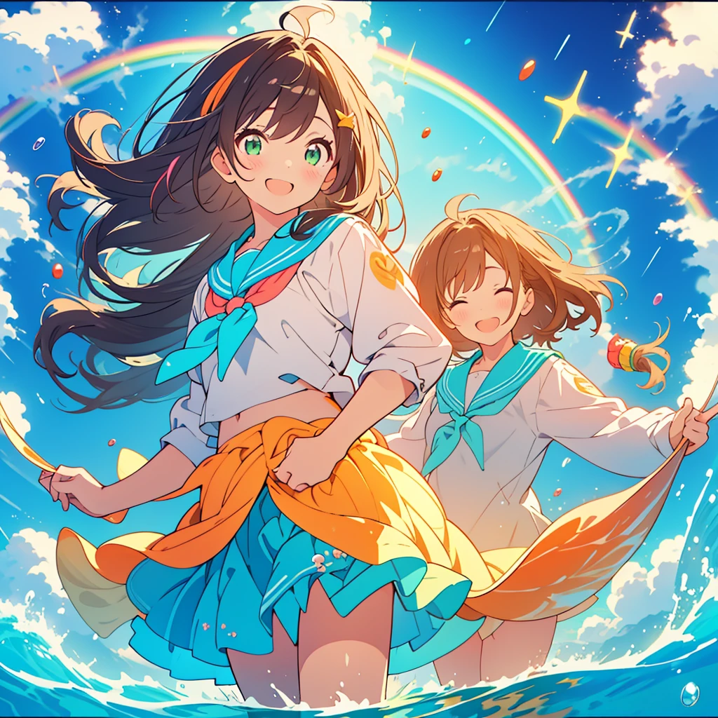 kawaii, anime, Cute, hyper quality, highly detailed, 8k, Front facing, Clarity, brown long hair, green eyes, smile, sailor suit, the skirt flaps, In the water, Pose with movement, countless bubbles, wrapped in bubbles, light shines in, underwater, rainbow light effect, Fantastic, particles of light, 10 colorful small tropical fish, twist your body, shining in rainbow colors, vivid sea, sea swell, In the bright sea, Uplifting, school of small fish, Bubbles of various sizes, Colorful light, Clearly depict facial expressions, sink into the sea, The background is a view of the deep sea, no background, rainbow colored coral reef, richly colored light, The bottom of the sea,