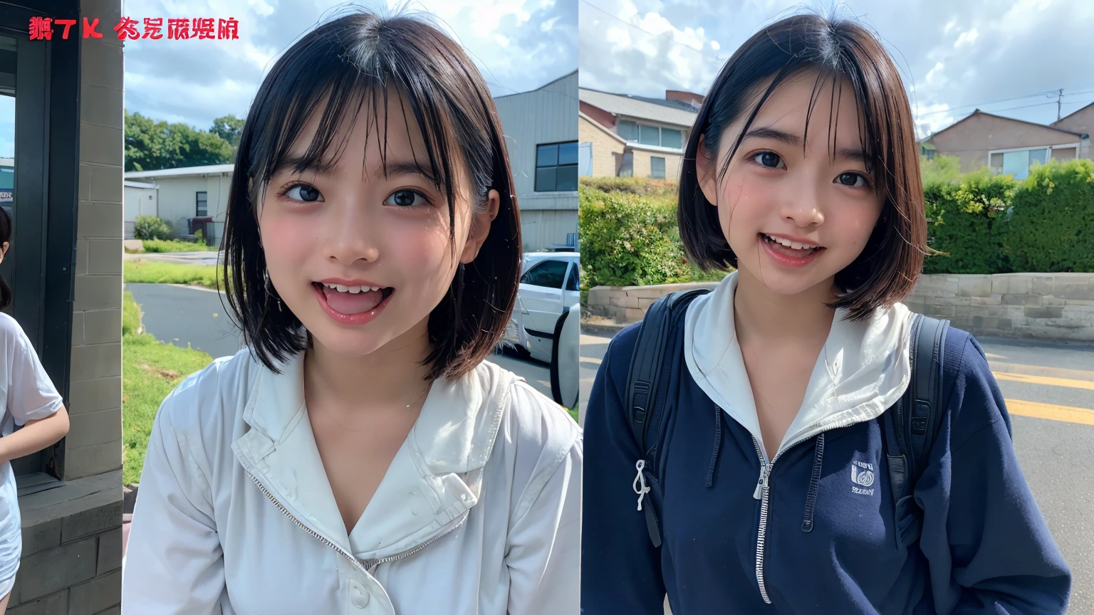 (２Split Photo:1.3)、Magazine Cover:1.3、Japanese,,Innocent face,Teenage Girlrimary school stud school,uniform,Carryingmer clothes,Sitting、front、Cute smile、Laugh with your mouth wide open、((Semen dripping from the mouth:1.2))、Mouth full of semen:1.5、A lot of semen on the tongue、((Cloudy, thick semen))、whole body、Full Body、Semen dripping from the genitals、You can see the nipples、Not wearing a bra