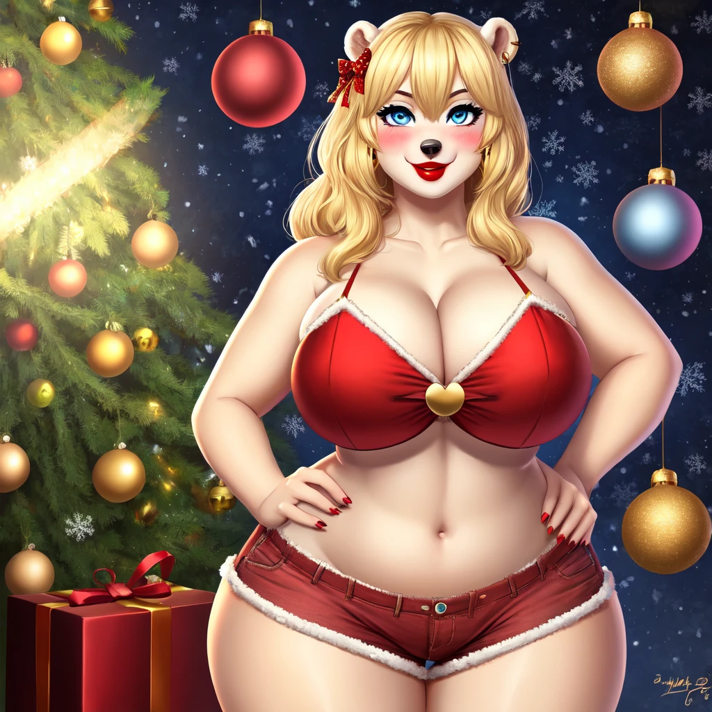 Blonde polar bear woman, wearing a Christmas bikini top and jean shorts, perfect face, blue eyes, big round breasts, wide hips, cleavage, three-quarter view, solo, smile, perfect detailed body, red lipstick, gold earring, hand on hips, blushing