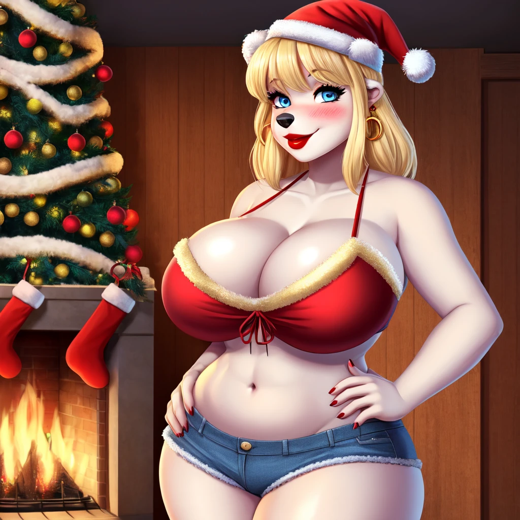 Blonde polar bear woman, wearing a Christmas bikini top and jean shorts, perfect face, blue eyes, big round breasts, wide hips, cleavage, three-quarter view, solo, smile, perfect detailed body, red lipstick, gold earring, hand on hips, blushing