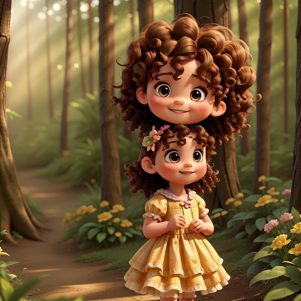 In the cozy confines of a sunlit forest, a tiny one-year-old fairy baby with curly hair, rosy cheeks and bright brown eyes. Dressed in a tulle, ruffled fairy dress, her curls bounce happily as she laughs, the sunlight illuminating her skin casting a warm, golden glow over the scene. The air is filled with the sounds of childlike wonder and joy.