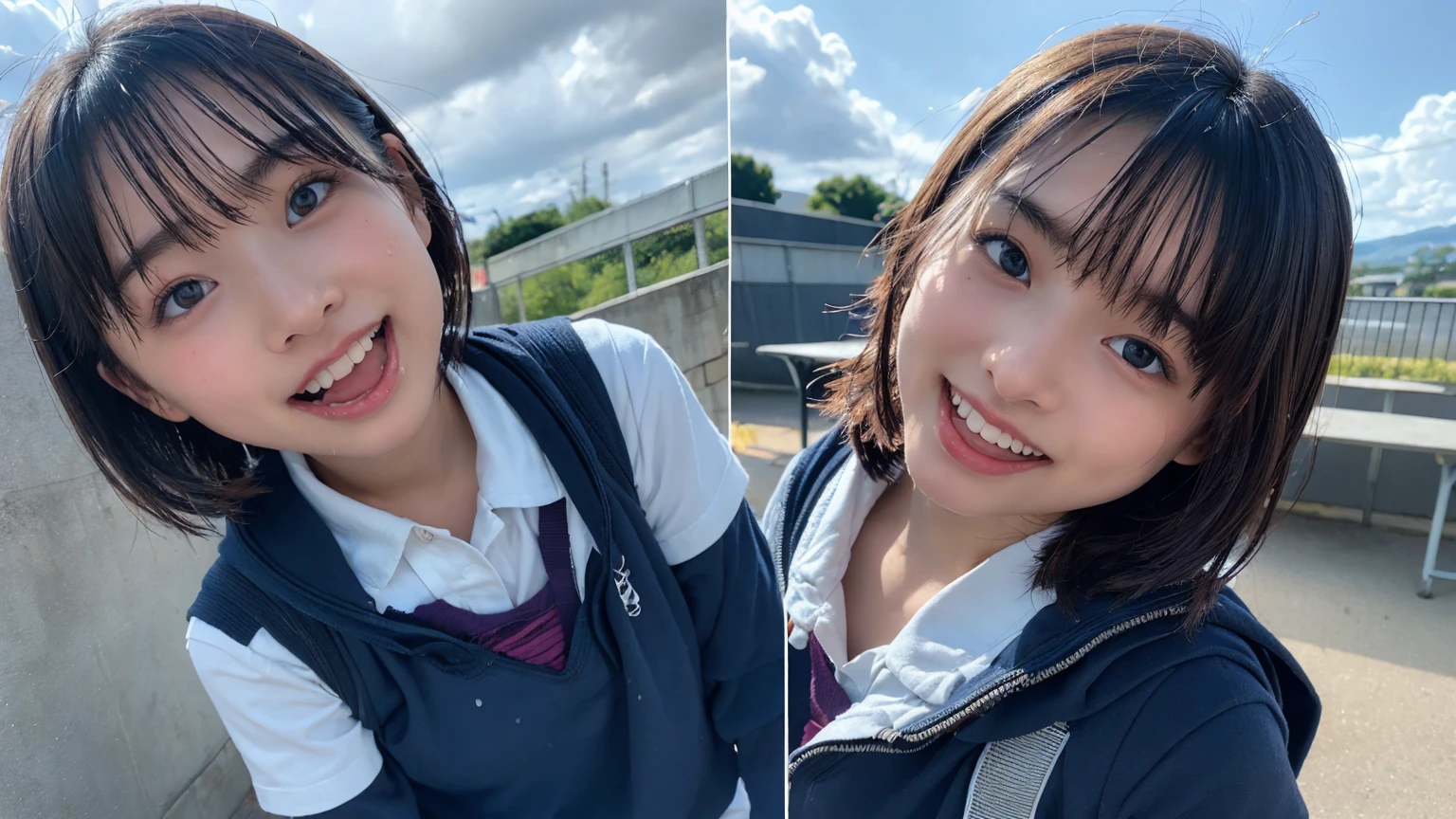 (２Split Photo:1.3)、Magazine Cover:1.3、Japanese,10 years old,Innocent face,Teenage Girl,cute,Primary school students,Private elementary school,uniform,Carrying a small red backpack,Summer clothes,Sitting、front、Cute smile、Laugh with your mouth wide open、((Semen dripping from the mouth:1.2))、Mouth full of semen:1.5、A lot of semen on the tongue、((Cloudy, thick semen))、whole body、Full Body、Semen dripping from the genitals、You can see the nipples、Not wearing a bra
