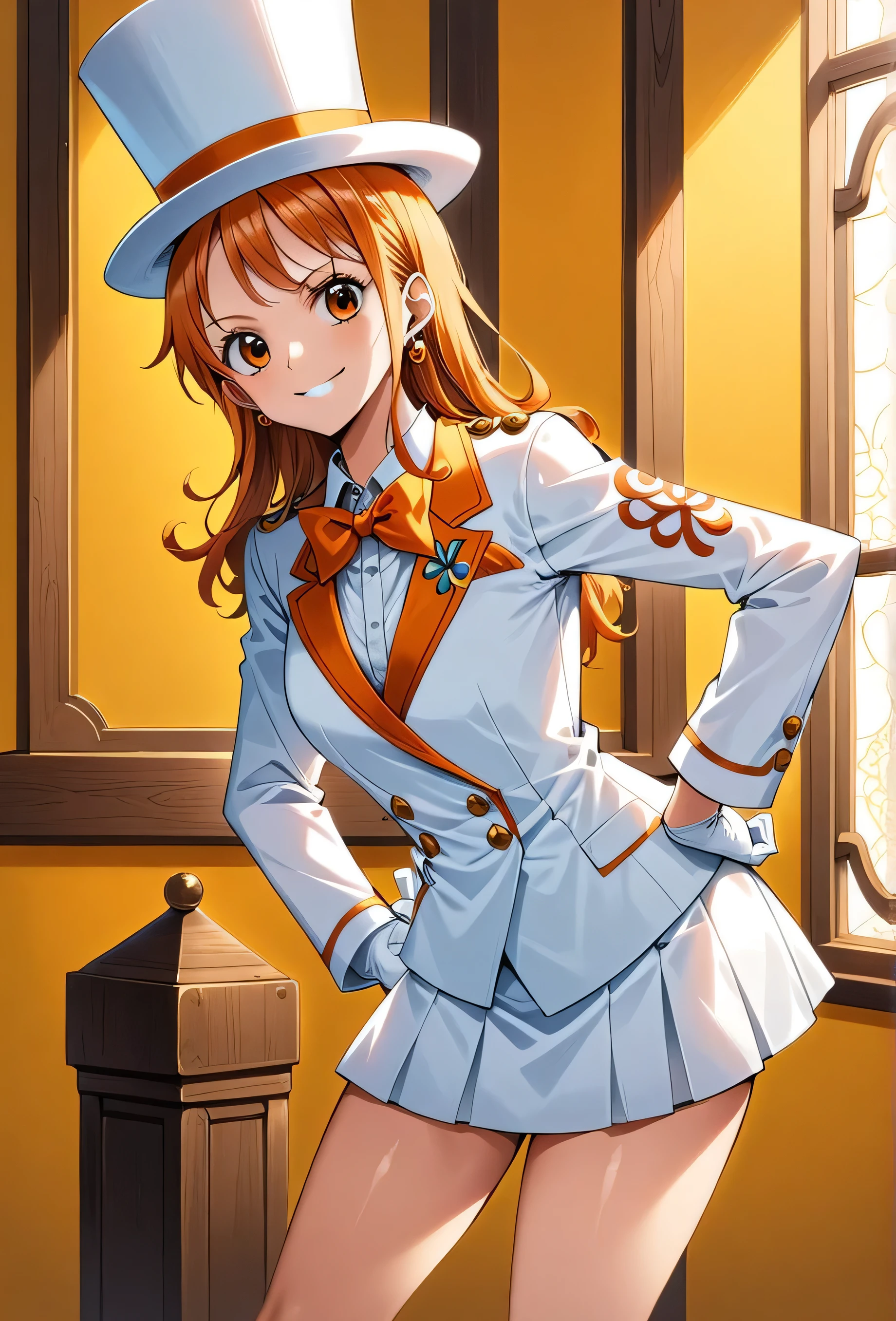 (best quality, hdr, high resolution) Solo, nami (one piece), (((oversized white top hat with orange trim, snuggly fit  over face))), ((a white suit with orange trim, white tuxedo shirt with ruffles, long sleeved , large orange bowtie)), ((white miniskirt with orange trim)), white gloves, white high heels, earrings, (smiling, playful, feisty), ((dapper)), posing in a yellow room with floral etchings and ornate windows, (glamorous pose), close up