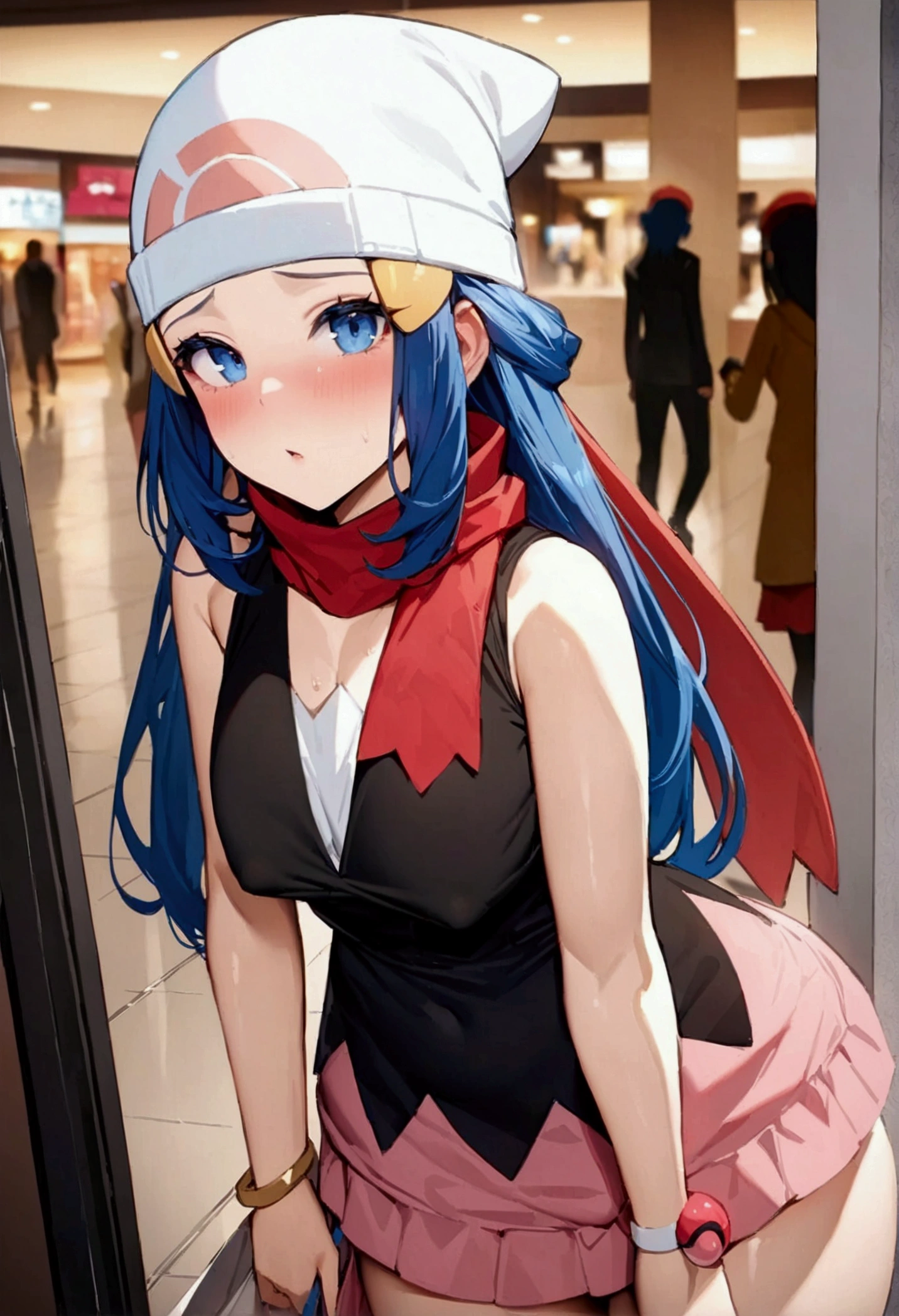 NSFW,masterpiece,Highest quality,High resolution,Super detailed,dawn_\(pokemon\),blue eyes, Blue Hair, Long Hair, Side Lock, Hair Clip, Beanie, Black Dress, No sleeve, Pink Skirt, scarf,Shopping mall