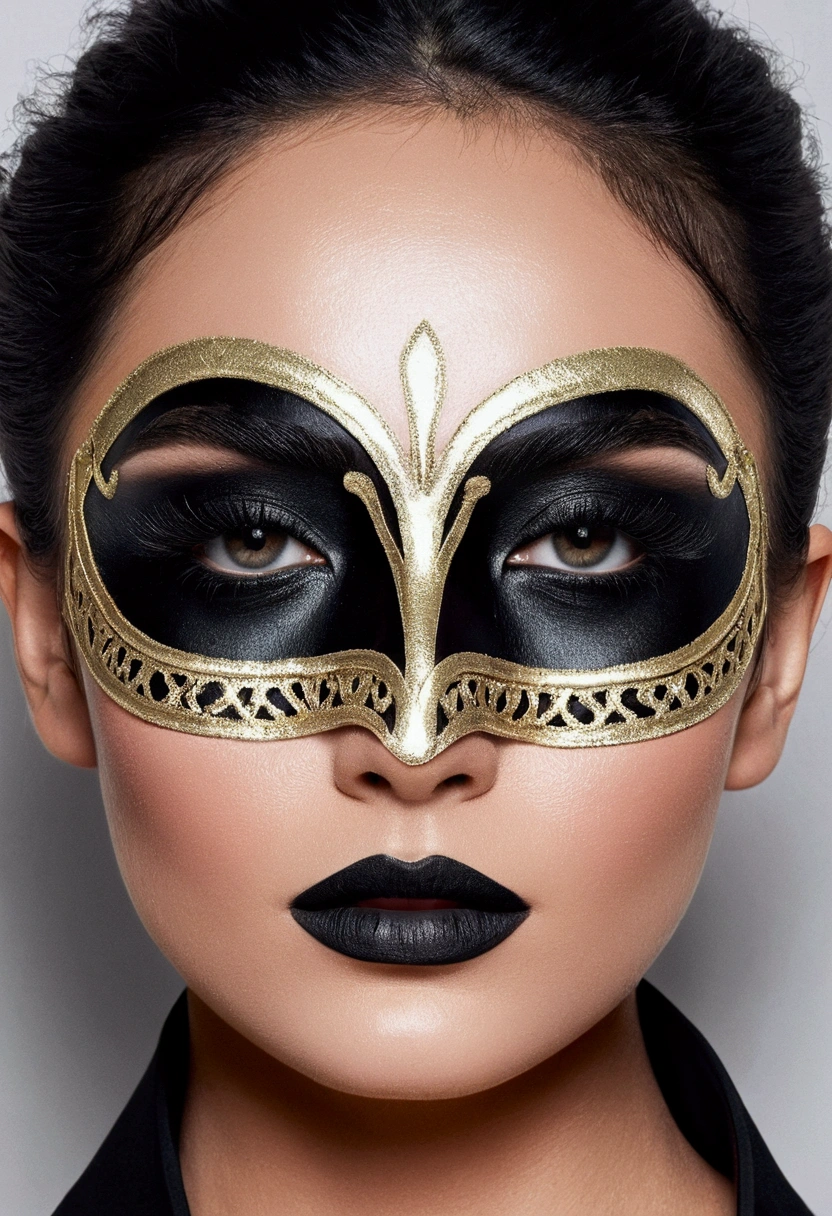 Beautiful face, wearing a face mask, black in colour, eyes lined with kohl, beautiful black eyebrows, hair styled in a fashionable way