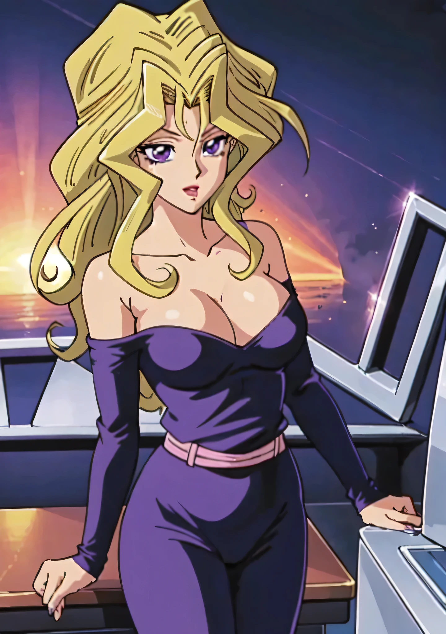 masterpiece、Highest quality、Anime Women、solo、Watching the audience、laugh at、Long Hair、bionde、eyelash、lipstick、Purple Eyes、Wavy Hair、Big Breasts、A woman with very large breasts、collarbone、Purple bodysuit、Off the shoulder、Long sleeve、Pink sash、