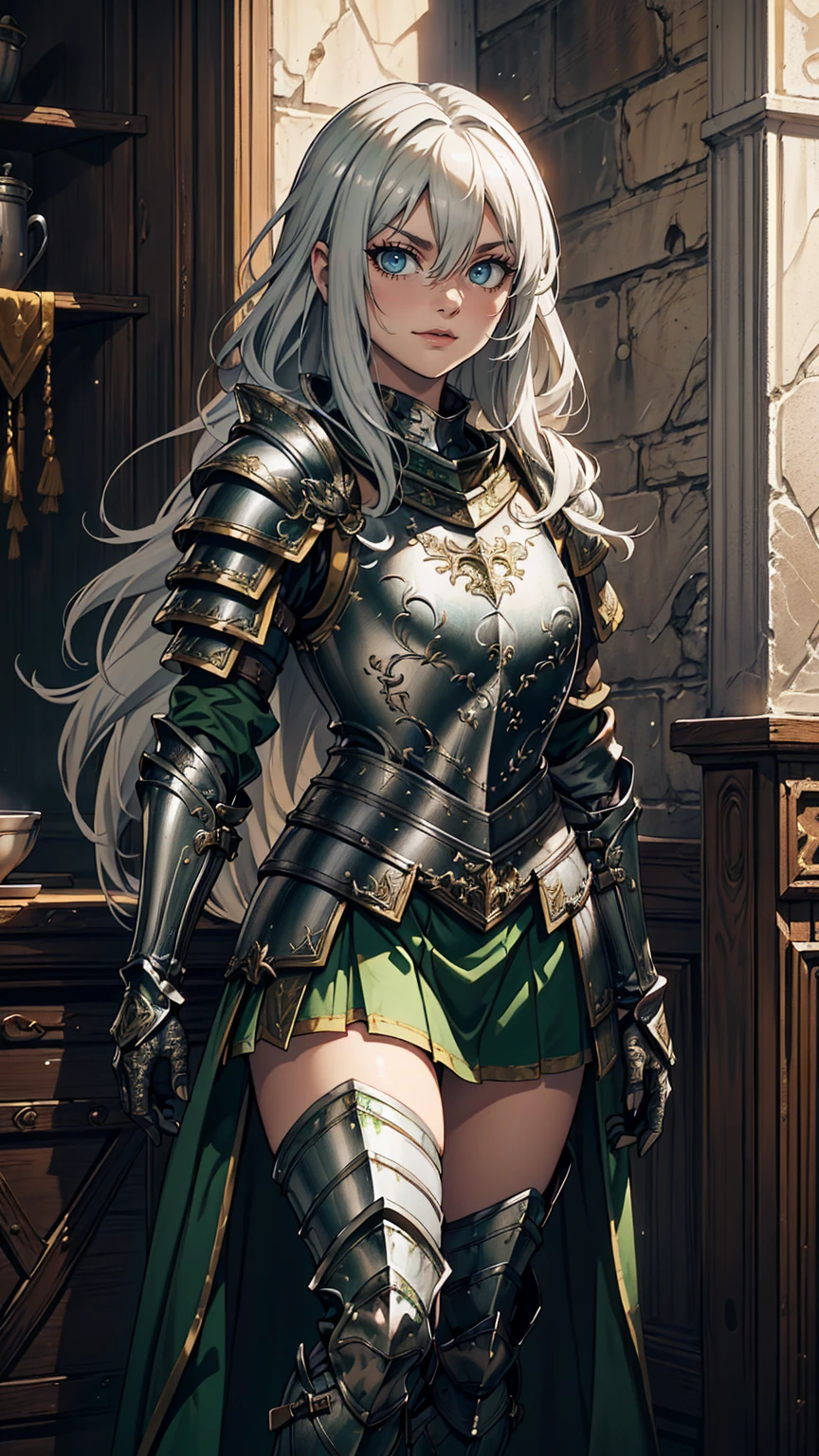 最high quality、Ultra High Definition, Ultra High Quality, Hyper Definition, Hyper Quality, Hyper Detailed, Extremely Detailed, Perfectly Detailed, Best image quality、masterpiece、anime woman((20-year-old、super dynamic pose , Green solid eyes, Silver long Hair、Disheveled Hair、Long White Hair, Glove、Green Skirt, Noble Armor, Smirk, cheerful expression, Detailed Cuirass , Dressed in Full Coverage Noble Plate Armor, leg armor)),high quality、Beautiful art、background((Inside the mansion))、Written boundary depth、 movie、Visual Arts、Perfect art、8K,Genuine、