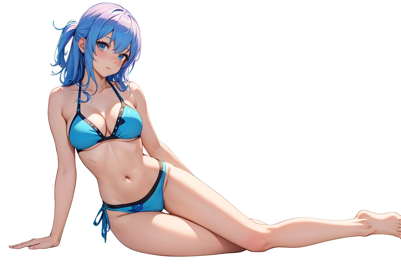 Earth chan in a bikini laying down on her side poseing with her arm for support