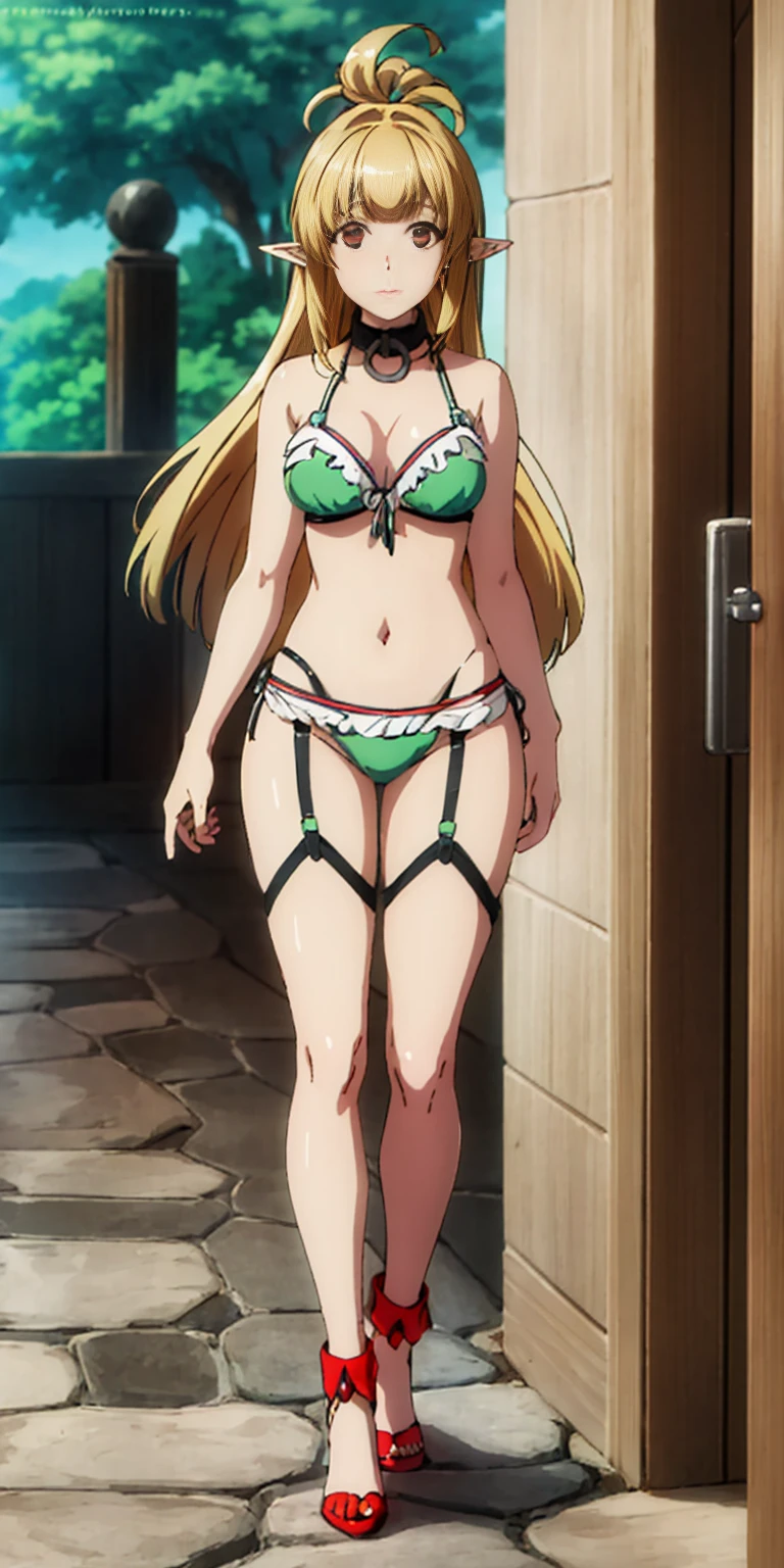 Extremely detailed Artgerm style: This sets the overall artistic style with a high level of detail. Fantasy art: This specifies the genre. Goddess of the green forest: This defines the character's role and gives context to the setting. Woman with long, elf ears: This incorporates the elf features. Black skin: This specifies the character's race. Ornate bikini armor: This combines the skimpy clothing with a fantastical, protective element. Blue high heels standing straight symmetrical: This suggests the color of the bikini and potentially the water body. Long, messy blonde hair: This adds a detail that contrasts the Artgerm style, which is typically more polished for hair.