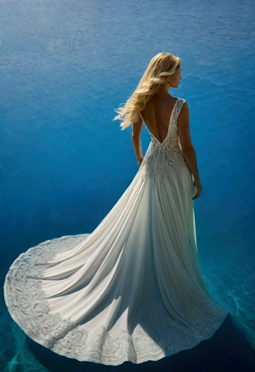 What a stunning sight! A creature of sublime beauty emerges from the crystal clear waters, leaving a sparkling trail in its wake.

The woman, with her long blond hair flying, seems to have come straight from a fairy tale. Seu vestido branco, with tips delicately dyed red, floats gracefully around your body, creating the illusion that she is submerged in a sea of silk.

The lagoon in which it is located is a pool of clear, reflective water., that mirrors your image with stunning clarity. It&#39;s like she&#39;s sailing on a sea of glass, each movement creating ripples that gently spread across the surface.

Observing the scene from above, I feel like I&#39;m witnessing something truly magical and timeless. The woman parece emanar uma aura de pureza e serenidade, as if it were part of the scene itself, an aquatic deity emerging from his domain to enchant mortals.

Every detail is captured with impressive precision and rich detail - the transparency of water, reflections on the surface, the golden strands of hair, the texture of the dress... Everything merges into a visual symphony that transcends simple representation, rising to an almost transcendental level.
Truly, This is a vision that leaves the soul suspended, inviting us to dive into this world of dreams and fantasy, where beauty and magic come together in an enchanting dance.