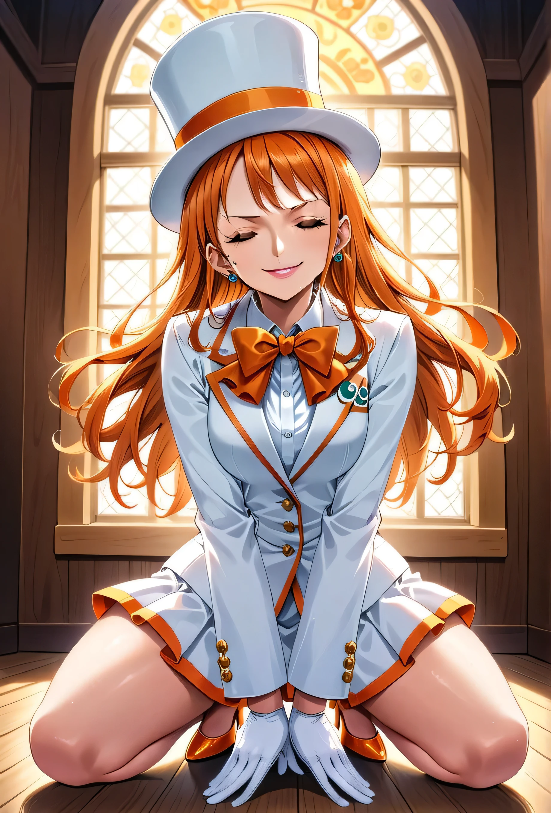 (best quality, hdr, high resolution) Solo, nami (one piece), (((oversized white top hat with orange trim, snuggly fit  over face))), ((a white suit with orange trim, white tuxedo shirt with ruffles, long sleeved , large orange bowtie)), ((white miniskirt with orange trim)), white gloves, white high heels, earrings, (smiling, playful, feisty), ((dapper)), posing in a yellow room with floral etchings and ornate windows, (glamorous pose), close up