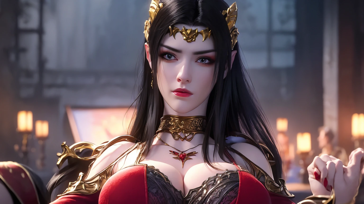 (lifelike, high - resolution), 1 girl with a perfect body, Super fine face and eyes,long hair, big boob,Expose cleavage5, lightning, hyper-realistic graphics, most realistic graphics, 1 girl, alone, solo, Extremely sharp, surreal image.