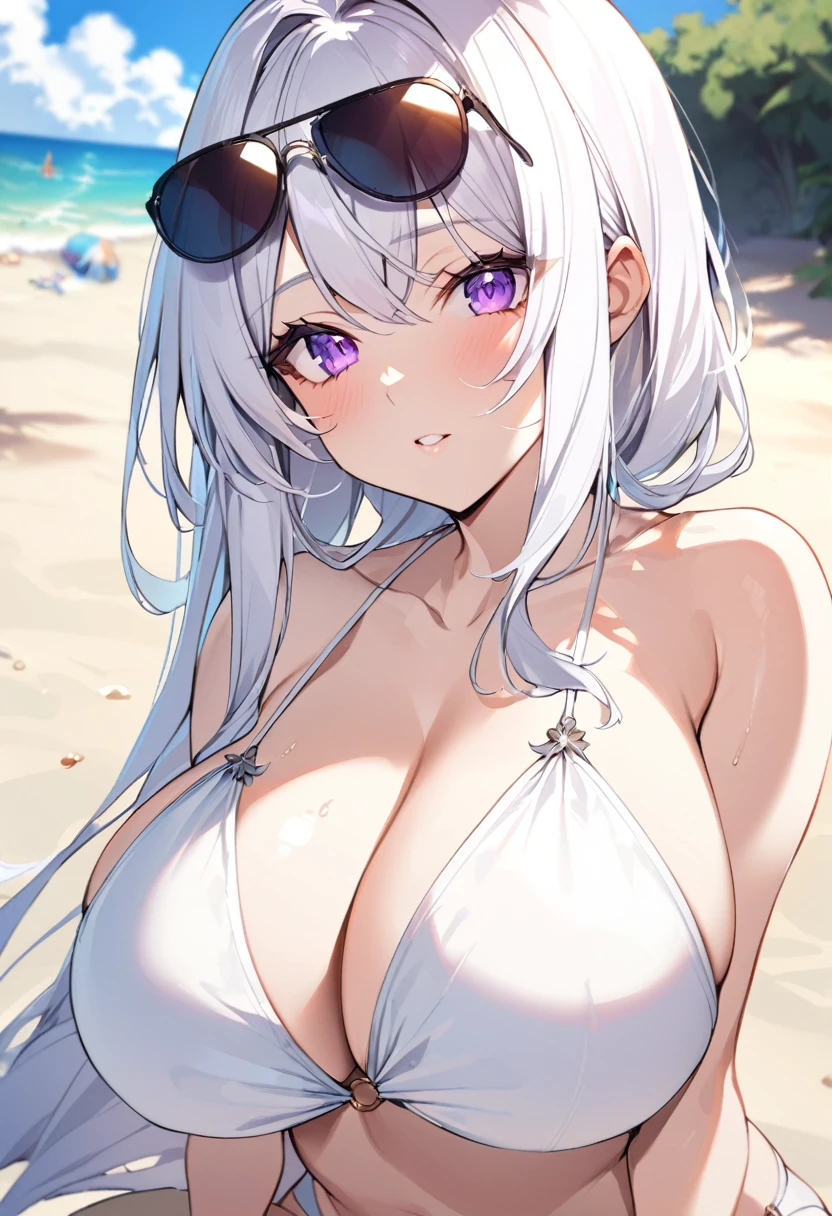 1girl, long white hair, , violet eyes, , big breasts, sunglasses, white small bikini, on sand, beach