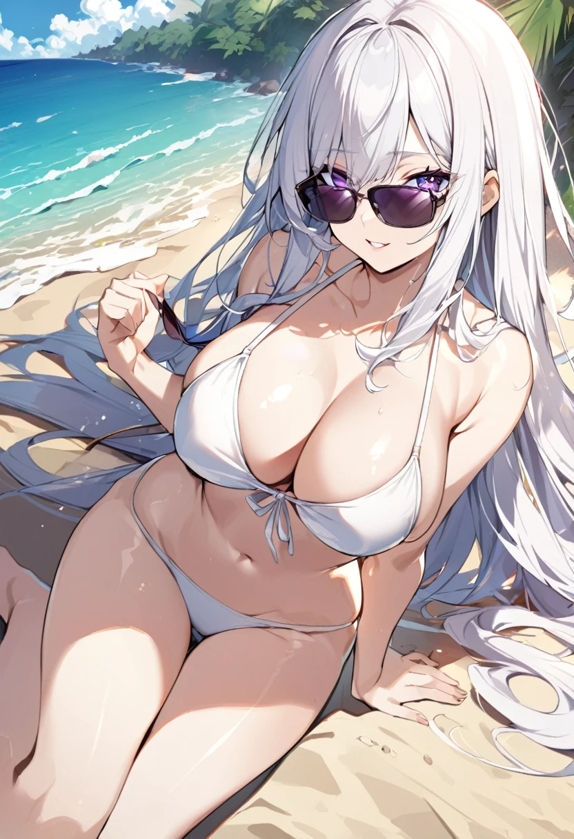 1girl, long white hair, , violet eyes, , big breasts, sunglasses, white small bikini, on sand, beach
