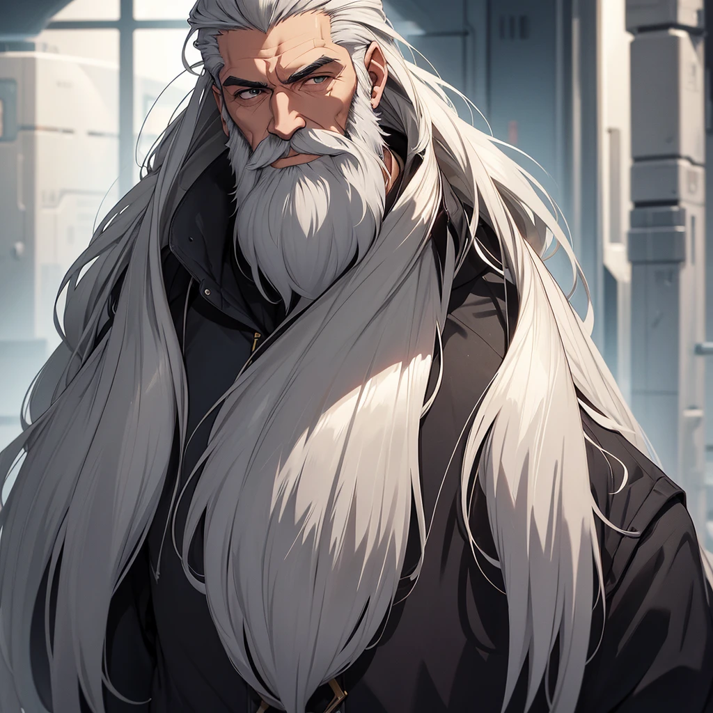 Make a man with a long beard and shaved hair, It will be in a futuristic setting. He must be around 50 years old, with a gray beard and must be strong