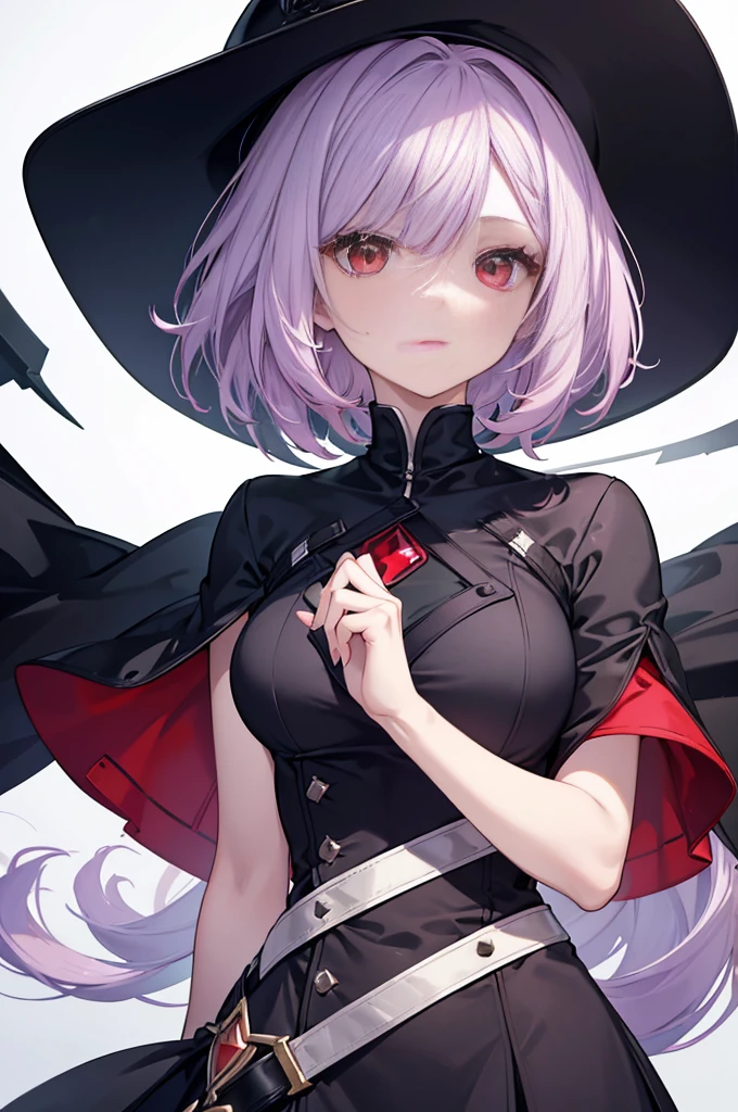 a beautiful girl with light violet hair wearing a black dress, extremely detailed facial features, bob haircut, woman wearing a long black and red coat, solo character, white background, anime style, very detailed, best quality, masterpiece, red eyes, short hair