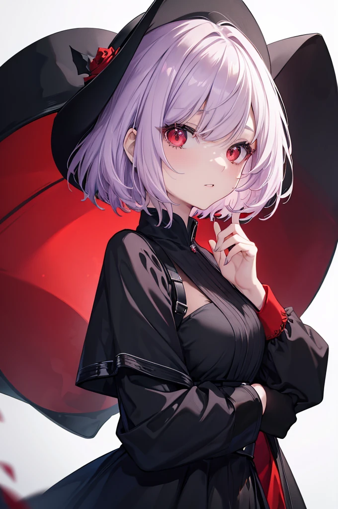 a beautiful girl with light violet hair wearing a black dress, extremely detailed facial features, bob haircut, woman wearing a long black and red coat, solo character, white background, anime style, very detailed, best quality, masterpiece, red eyes, short hair