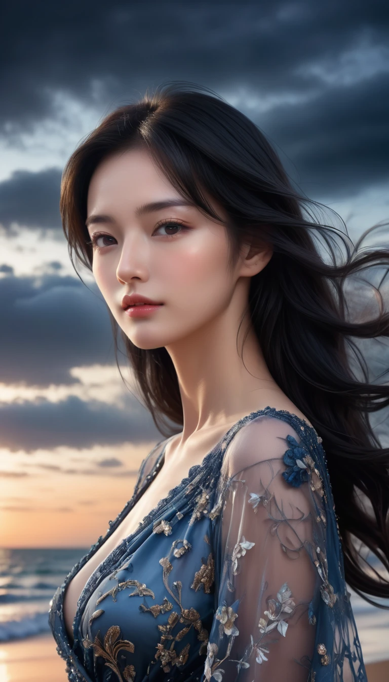 ((Masterpieces with up to 16K resolution:1.6)),Highest quality,it is really amazing,Very detailed,Ultra-high resolution,((Real:1.5)),((Realistic:1.5)),Increased depth of field,((Cinematic Light Effects:1.5)),
Elegant mature woman,((Focus on a woman's face:1.5)),
Long black hair,((Ultra-detailed and beautiful faces:1.5)),Translucent white skin,Very detailedな肌の質感,Great proportions,Anatomically correct body,
elegant beach dress,Artistic design,Beautiful and detailed pattern,Luxurious jewellery decoration,Detailed fabric texture,
Coastal landscape at dusk,Dark clouds and dark sky,delay々Continuing sandy beach, Deserted Beach,Dark sea surface,
(((Close-up shot of face:1.8))),