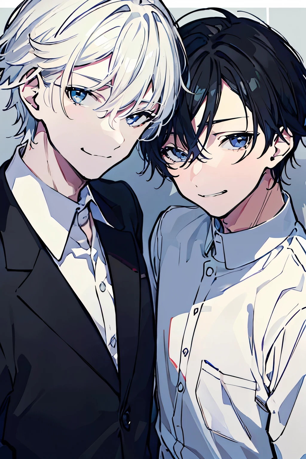(Mastepiece), (Best Quality), Very detailed, ((Two friendly men)), Perfect Face, Beautiful Face, Very detailed顔,(One black-haired man:1.3),(One white-haired man:1.3),shirt、smile