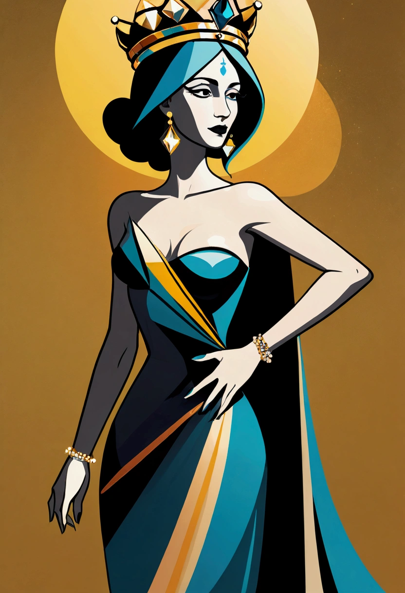 Picasso Cubism, Queen, crown, elegant dress,simple geometric shapes and lines,By color、Gradient、Shadows and other methods to enhance the visual effects and layering of graphics。 vector art style has simplicity、clean、modern visual features,Simple golden background, Death Stare, Solar eclipse background